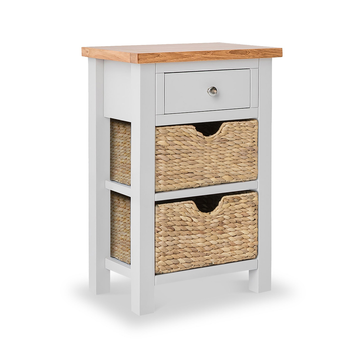 A small wooden storage cabinet with a drawer and two wicker baskets