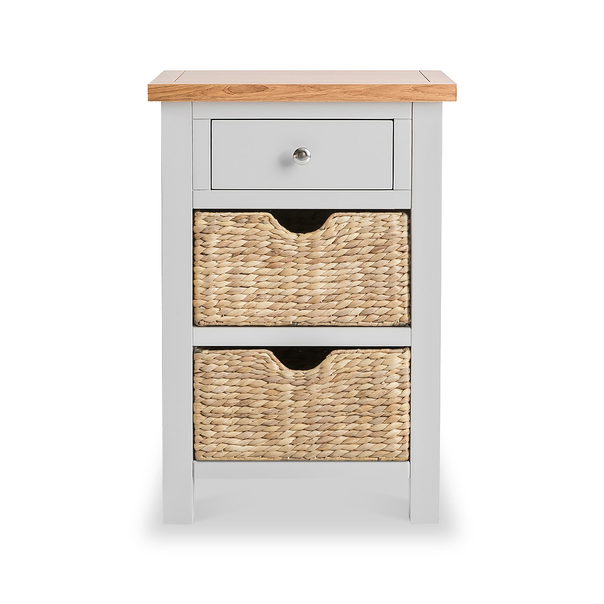 A small wooden storage unit with a gray drawer and two woven baskets