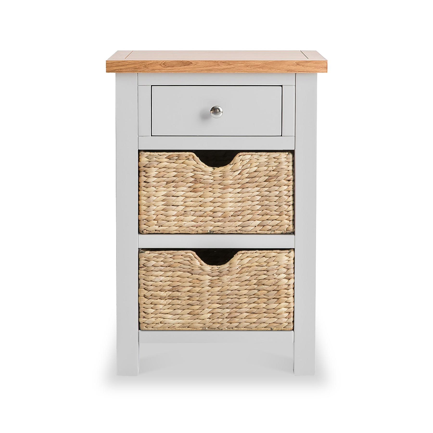 A small wooden storage unit with a gray drawer and two woven baskets