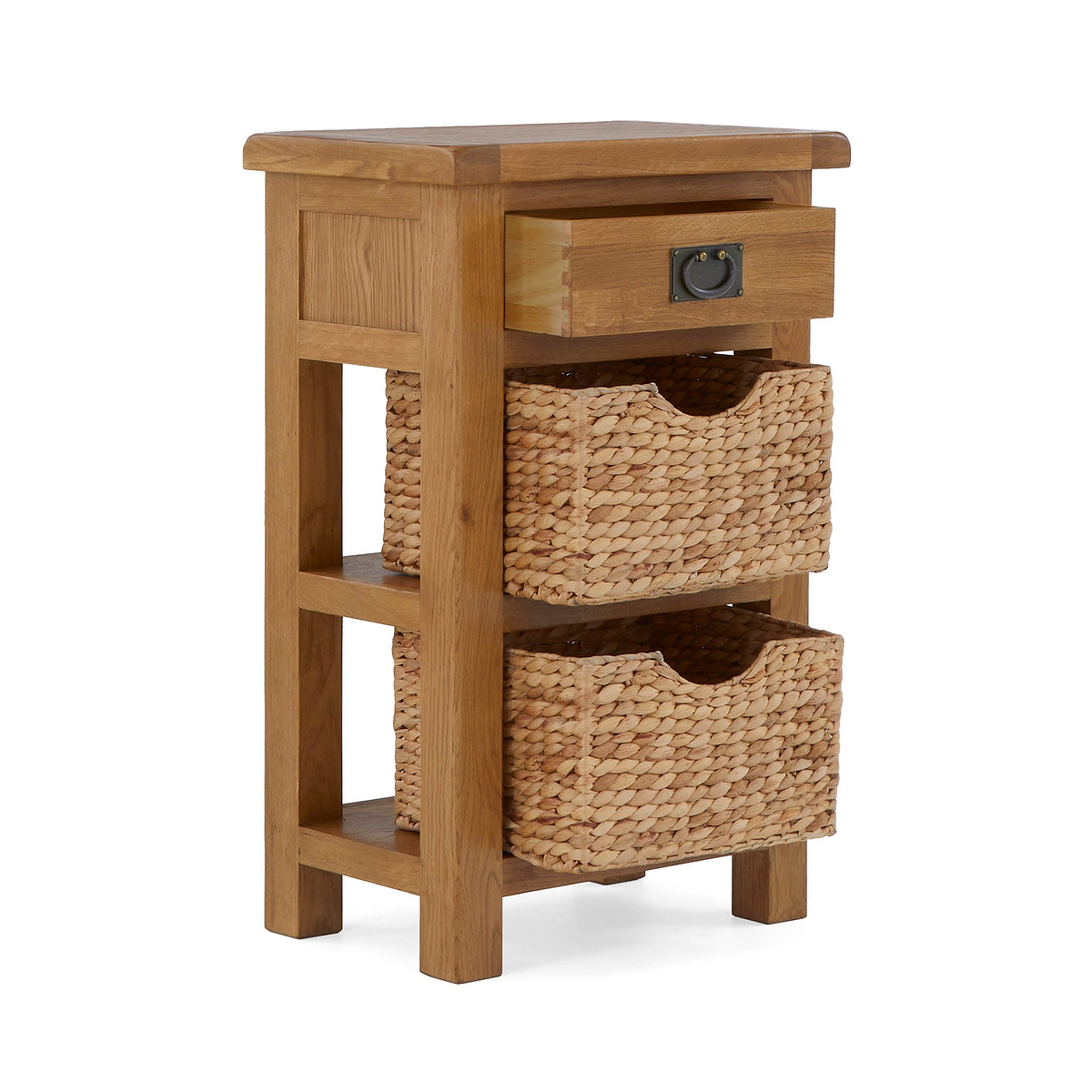 Zelah Oak Telephone Table - With Baskets and drawer open