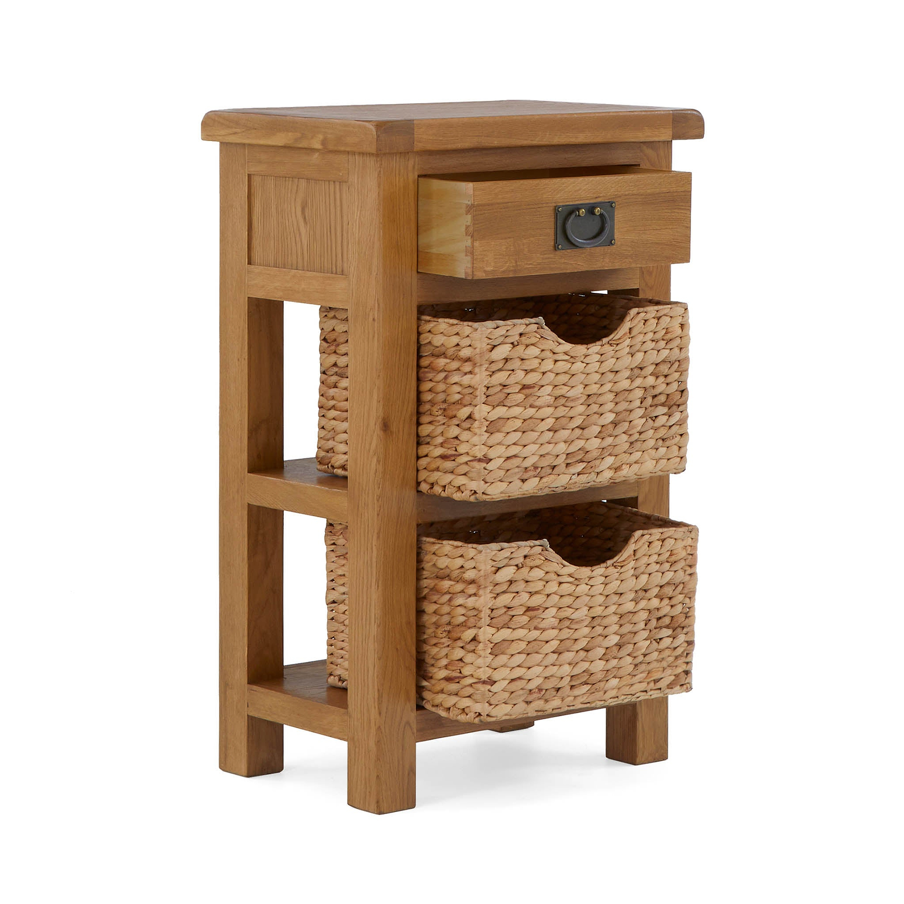 Zelah Oak Telephone Table - With Baskets and drawer open