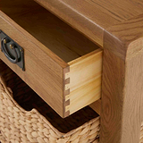 Zelah Oak Telephone Table with Baskets - Close up of drawer dovetail joint