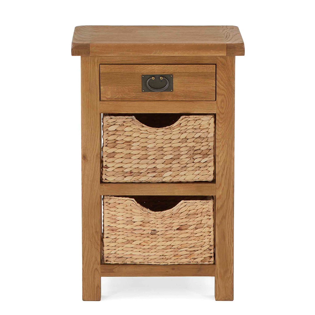Zelah Oak Telephone Table with Baskets - Front view with top showing