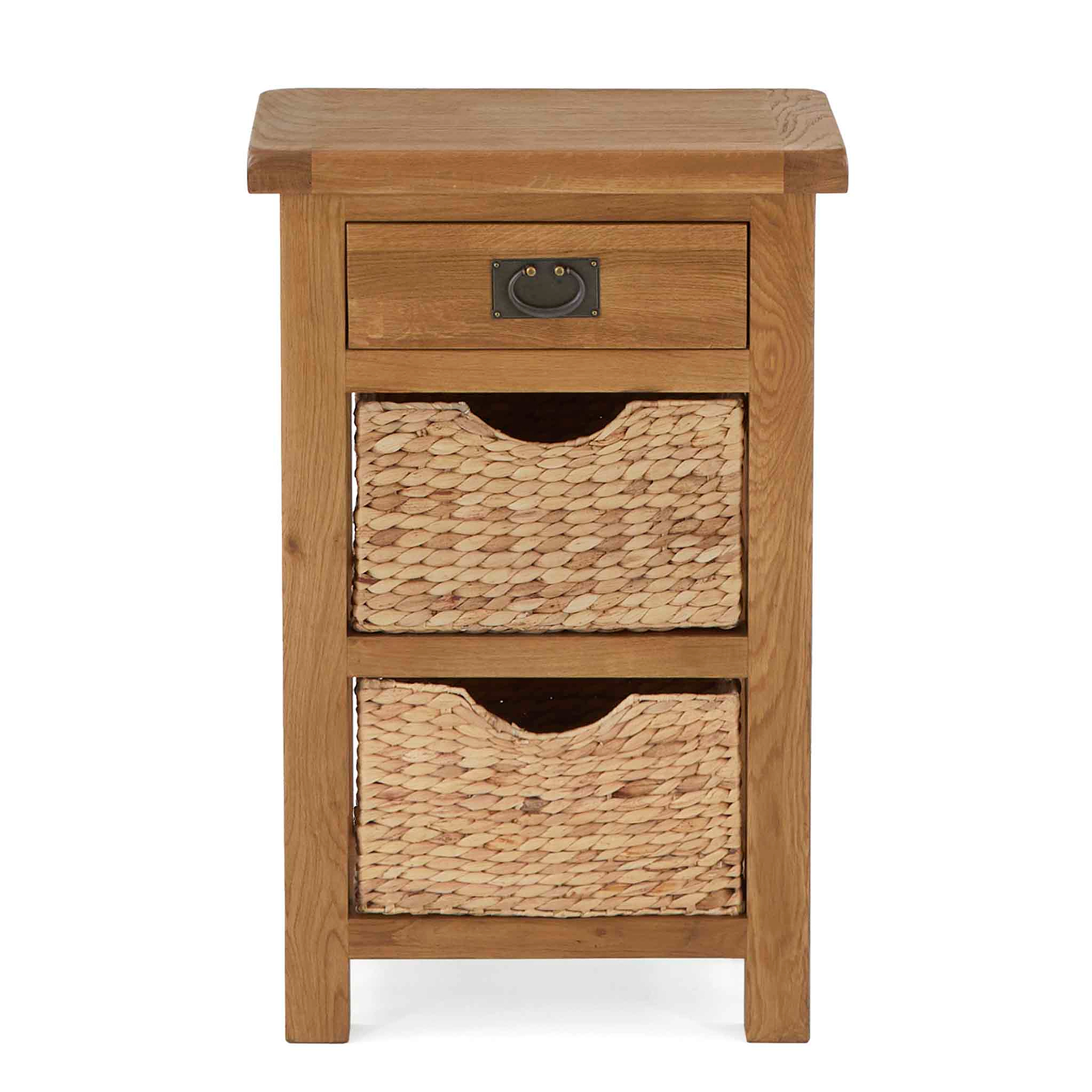 Zelah Oak Telephone Table with Baskets - Front view with top showing
