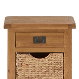 Zelah Oak Telephone Table with Baskets - Close up of top and drawer front