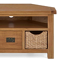 Zelah Oak Corner TV Stand with Baskets - Close up of shelf