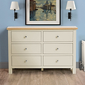 A cream-colored, six-drawer wooden dresser stands against a blue wall in a room with wood floors, flanked by wall lamps and beneath a framed painting.
