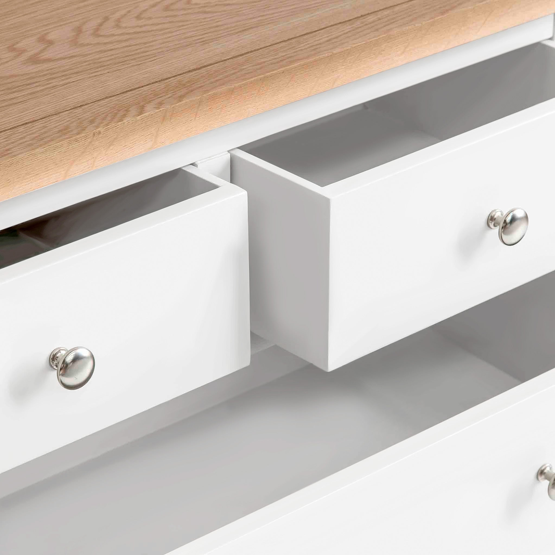 Farrow White 2 Over 3 Chest Of Drawers from Roseland Furniture - close up of drawers