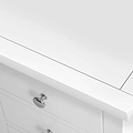 A white bathroom vanity with a closed drawer and silver knob, set against a plain background.