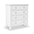 A white wooden dresser with seven drawers, each featuring a simple round knob, stands isolated against a plain background.