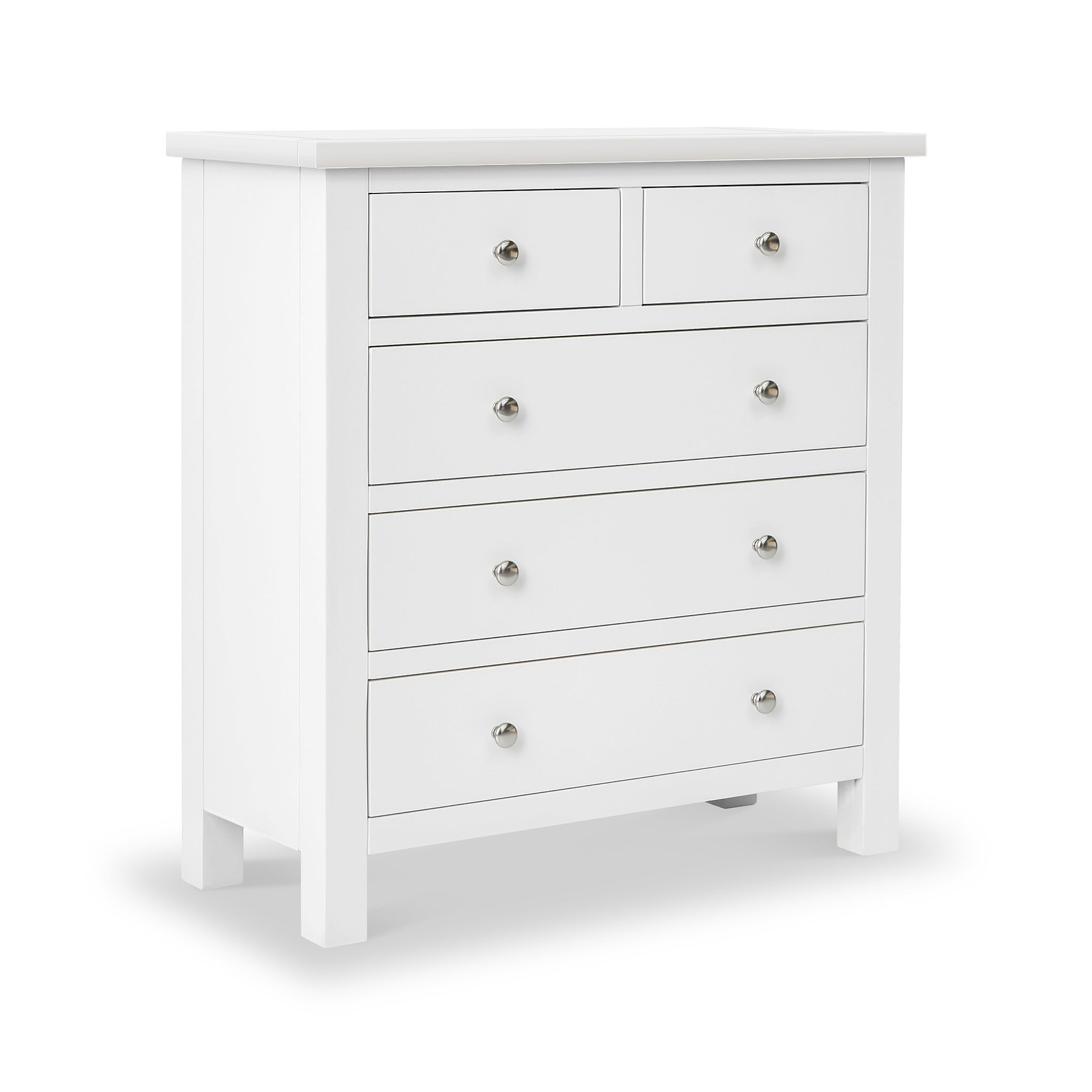A white wooden dresser with seven drawers, each featuring a simple round knob, stands isolated against a plain background.