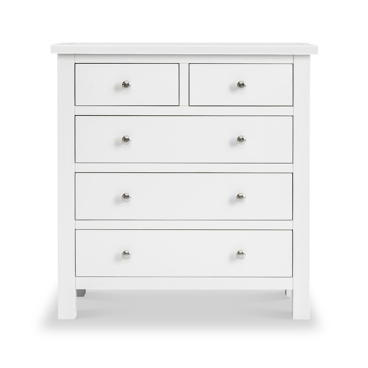 A white wooden chest of drawers with silver knobs stands against a plain background; two small upper drawers flank a third, above three larger drawers.