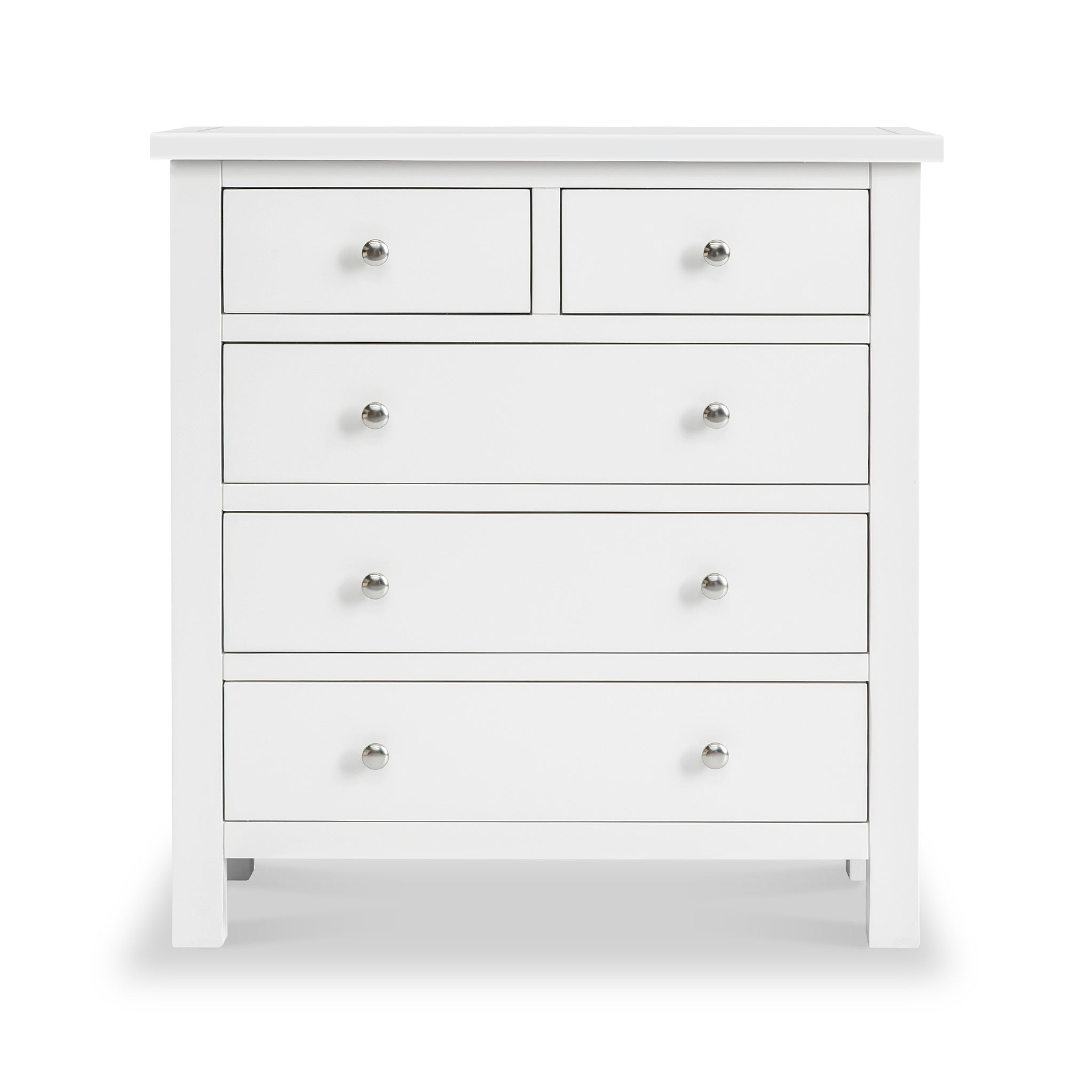 A white wooden chest of drawers with silver knobs stands against a plain background; two small upper drawers flank a third, above three larger drawers.
