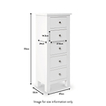 A white, vertical dresser with five drawers, displaying various dimensions: 115cm high, 45cm wide, 32cm deep, with drawer dimensions of 24cm by 14.5cm and 27.6cm. Text states "Image for size information only."