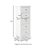 A white, vertical dresser with five drawers, displaying various dimensions: 115cm high, 45cm wide, 32cm deep, with drawer dimensions of 24cm by 14.5cm and 27.6cm. Text states "Image for size information only."