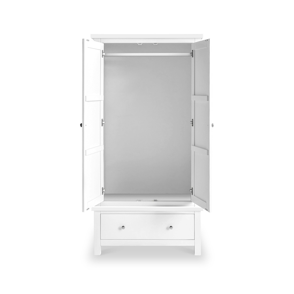 A white wooden jewelry cabinet with its doors open, revealing a grey interior, stands against a white background. It features a lower drawer and side compartments.