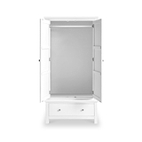 A white wooden jewelry cabinet with its doors open, revealing a grey interior, stands against a white background. It features a lower drawer and side compartments.