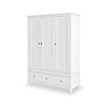 A white wooden wardrobe features three doors with knobs and two lower drawers, isolated against a white background.