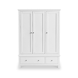 A white wooden wardrobe with three doors and two lower drawers stands isolated against a pure white background.