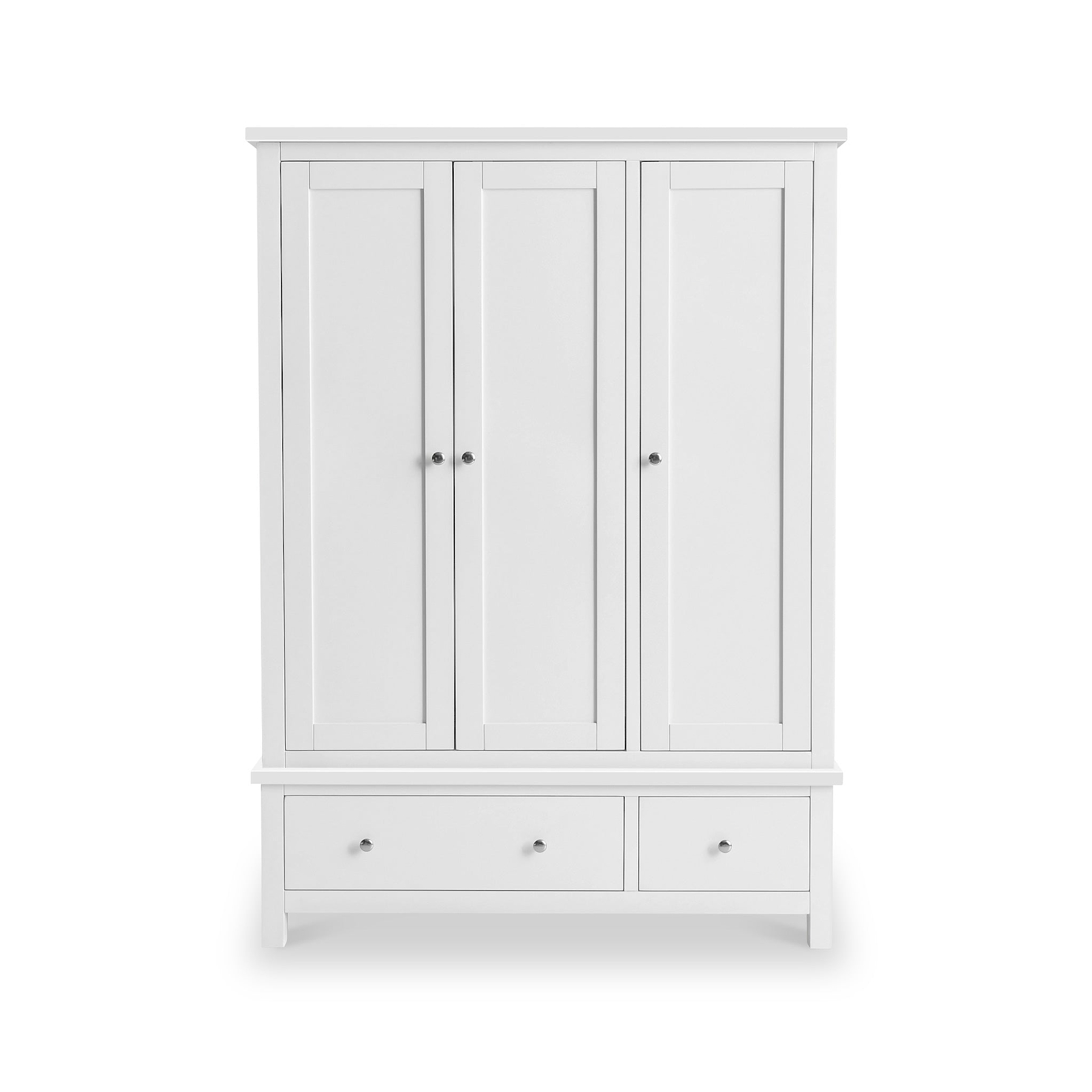 A white wooden wardrobe with three doors and two lower drawers stands isolated against a pure white background.