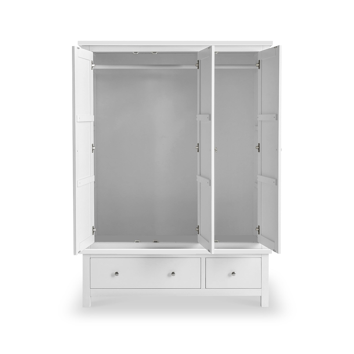 A white, open wardrobe with empty shelves and two drawers below stands against a plain white background. There is no text.