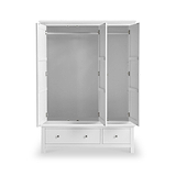 A white, open wardrobe with empty shelves and two drawers below stands against a plain white background. There is no text.