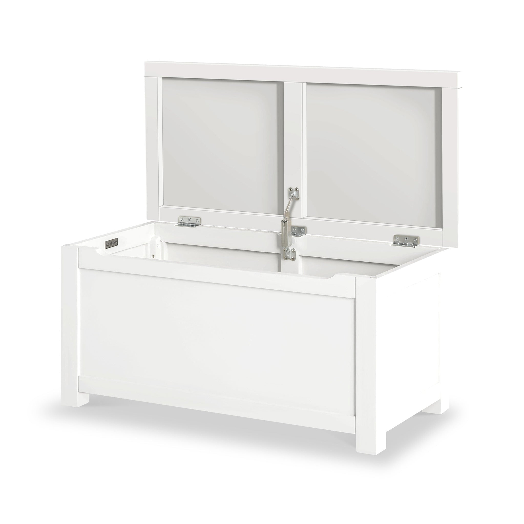 A white storage bench with hinged frosted glass doors raised, against a white background.