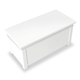 A white rectangular coffee table with a closed compartment, resting on a plain background.