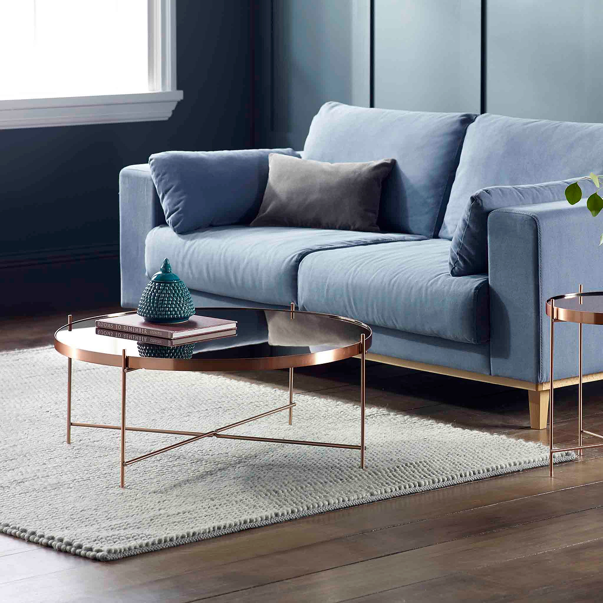 Arla Copper Metal Round Coffee Table with mirrored top Lifestyle