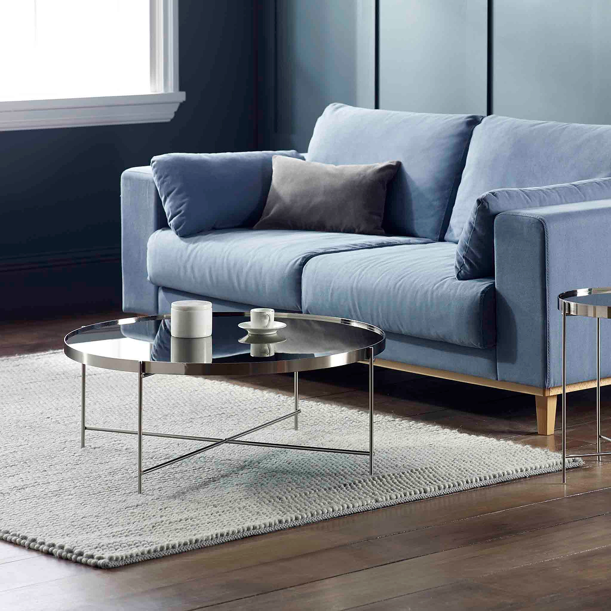 Arla Chrome Metal Round Coffee Table with mirrored top for lifestyle