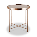 A round copper-colored metal side table with a reflective tabletop stands isolated against a white background.