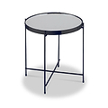 A circular table with a reflective glass top supported by a navy blue metal frame, isolated against a white background.