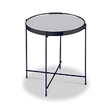 A circular table with a reflective glass top supported by a navy blue metal frame, isolated against a white background.