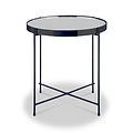 A round table with a reflective surface and dark rim, supported by a crossed metal frame, stands isolated on a light background.
