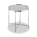 A round, silver-colored metal side table with a mirrored top, standing on slender, interconnected legs, displayed against an isolated white background.