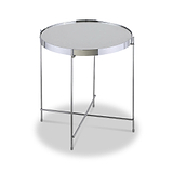 A round, silver-colored metal side table with a mirrored top, standing on slender, interconnected legs, displayed against an isolated white background.