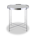 A round, silver-colored metal table stands center, featuring a reflective tabletop and crisscrossed legs, isolated against a white background.