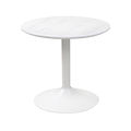 A round white marble tabletop on a single central pedestal is standing isolated against a white background.