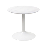 A round white marble tabletop on a single central pedestal is standing isolated against a white background.