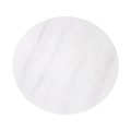 A circular object with a white marble pattern, featuring subtle gray and pinkish veins, set against a white background.