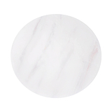 A circular object with a white marble pattern, featuring subtle gray and pinkish veins, set against a white background.
