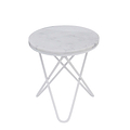 A round marble-top table with a white, crossed metal base stands idle against a white background.