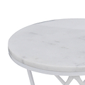 A round white marble tabletop with a partial view of its sleek metal base, isolated against a light background.