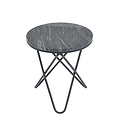 A round table with a gray, marble-patterned top stands on a crossed metallic base, isolated against a white background.