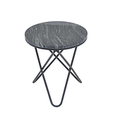 A round table with a gray, marble-patterned top stands on a crossed metallic base, isolated against a white background.