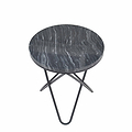 A round table with a marbled top and a black metal base stands isolated against a white background.