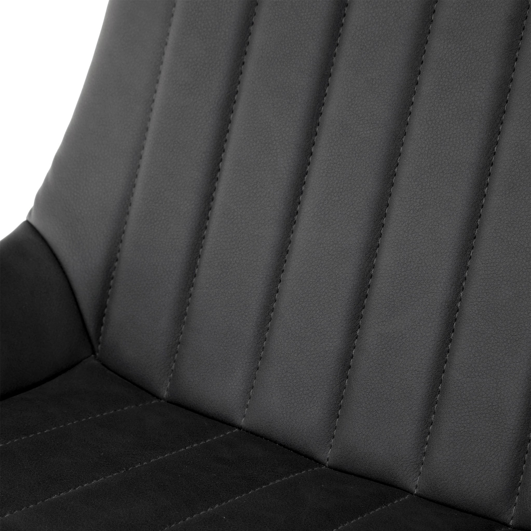 A close-up view of a black, faux-leather car seat with stitched vertical lines, against a nondescript background.