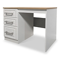 A white desk with a wooden top, featuring three drawers with metal handles on the left side, stands against a neutral background.
