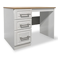 A white three-drawer pedestal desk with a wooden top, positioned against a grey gradient background.