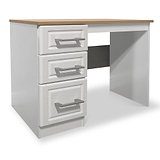 A white three-drawer pedestal desk with a wooden top, positioned against a grey gradient background.